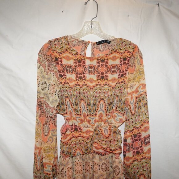 MNG Mango Sheer Gauze Paisley Side Cut-out Print Ruffled Dress 2 Festival Boho - Picture 3 of 13